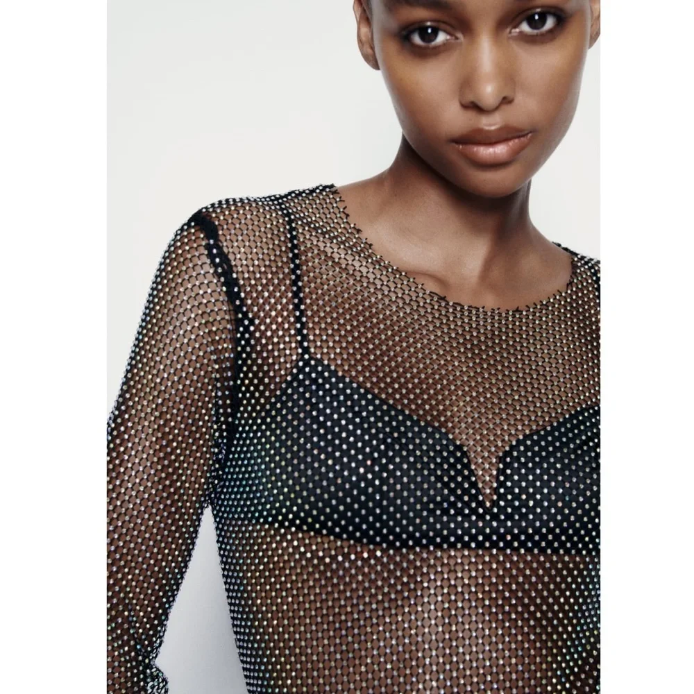 ZARA RHINESTONE MESH MIDI DRESS - Picture 4 of 11